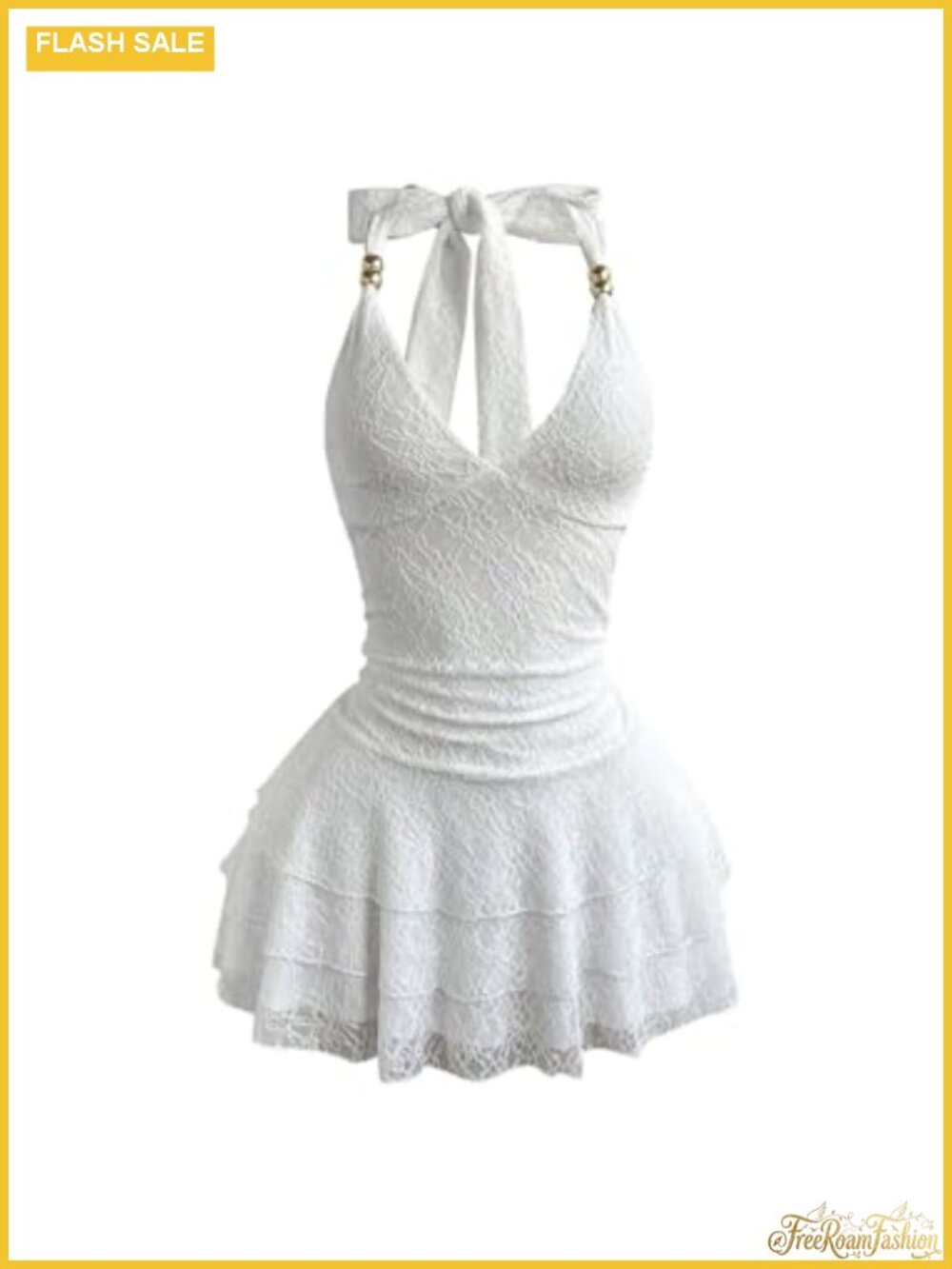 Lace Halter Mini Dress Beaded Tie Back Ruffle Hem Party